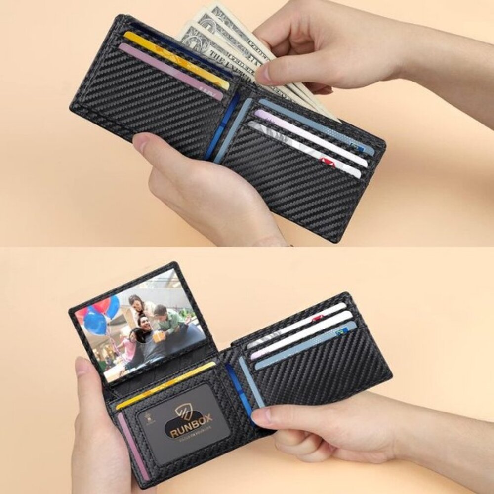 🆕Runbox Men Carbon Black Leather Slim Leather 2 ID Window Gift Box Wallet - Picture 7 of 9
